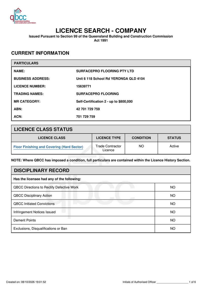 Official QBCC Trade Contractor Licence #15639771 issued to SurfacePro Flooring Pty Ltd