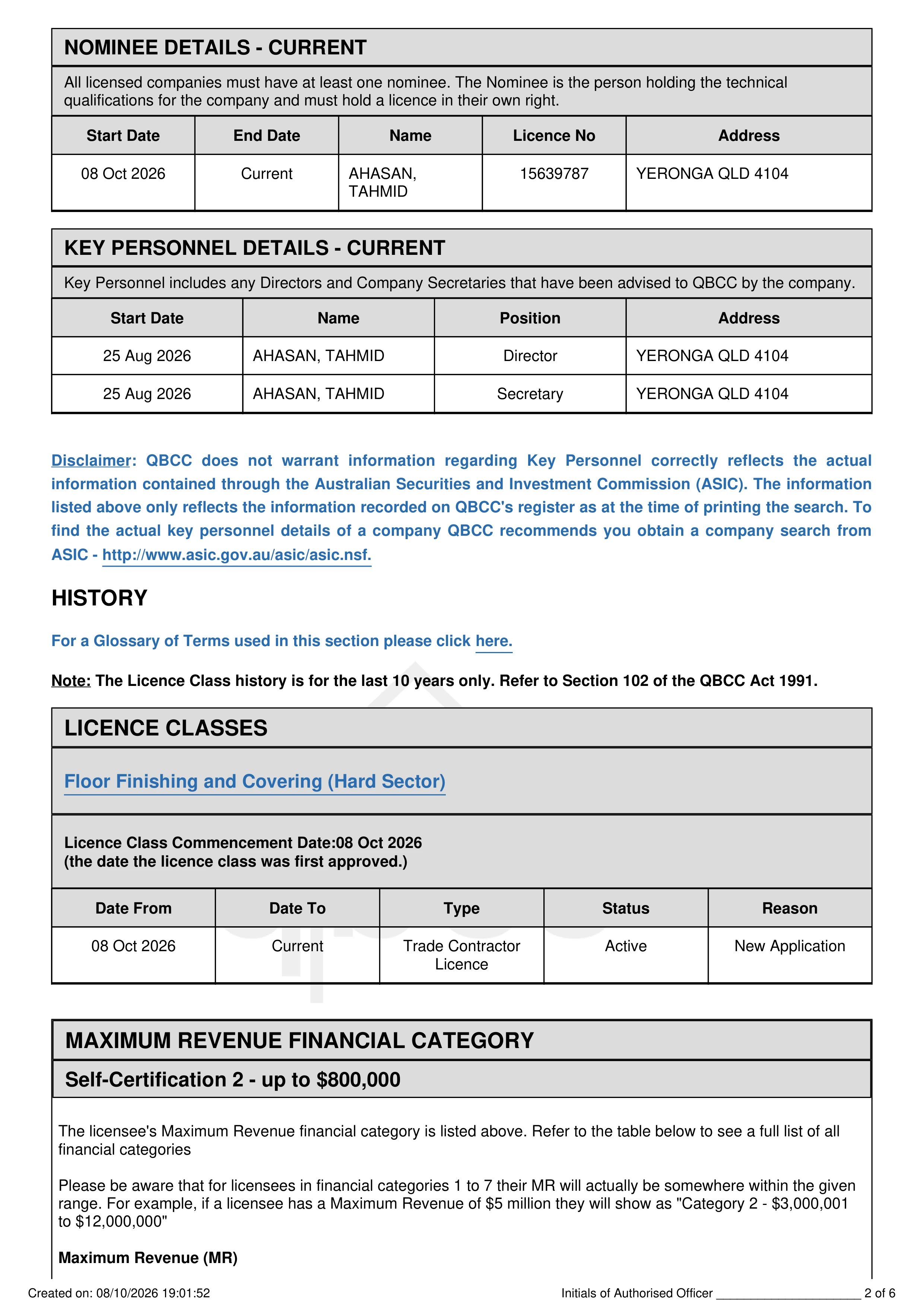 Official QBCC Licence Search Page 2 - Nominee Tahmid Ahasan #15639787