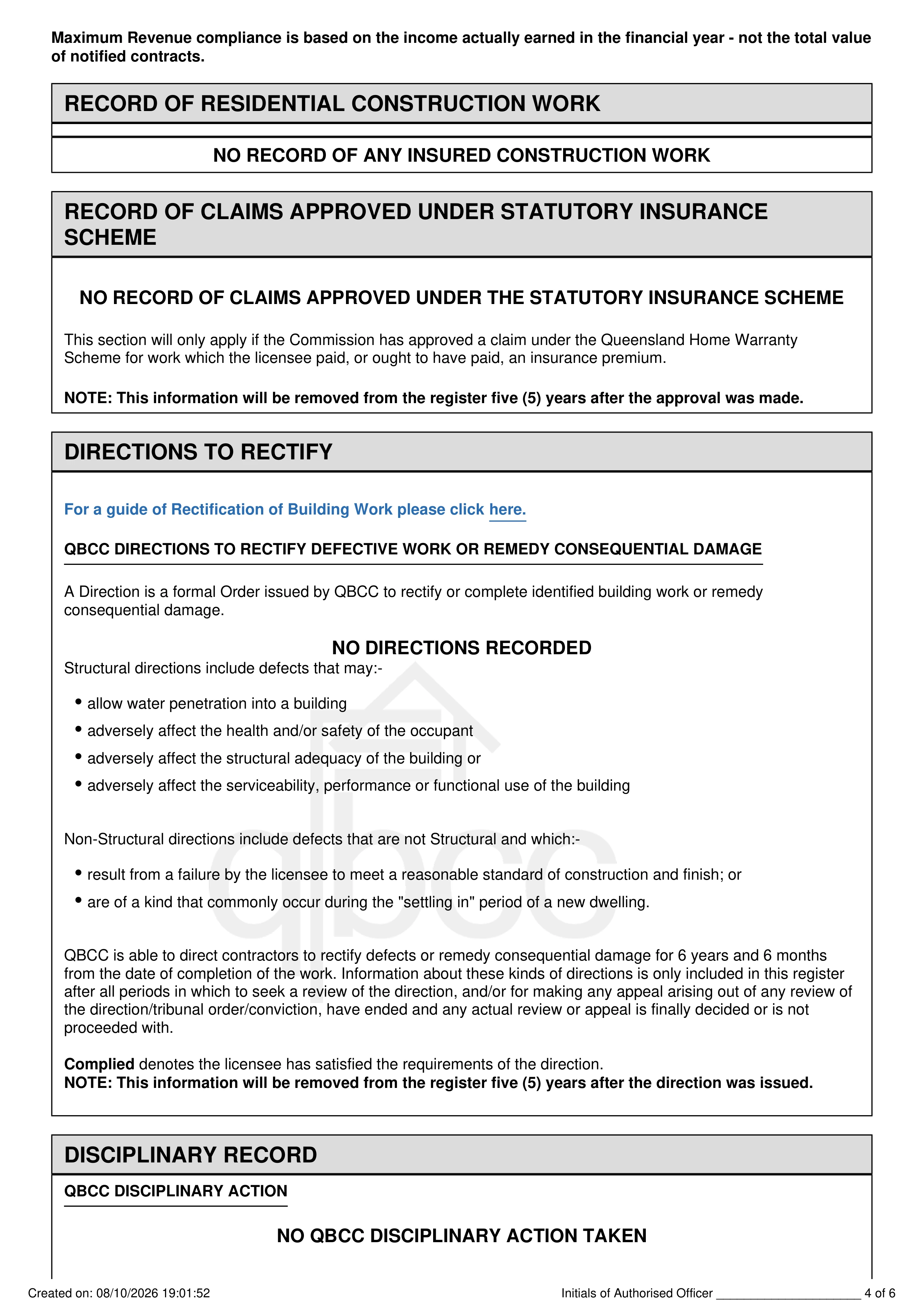 Official QBCC Licence Search Page 4 - Directions to Rectify (No Directions Recorded)