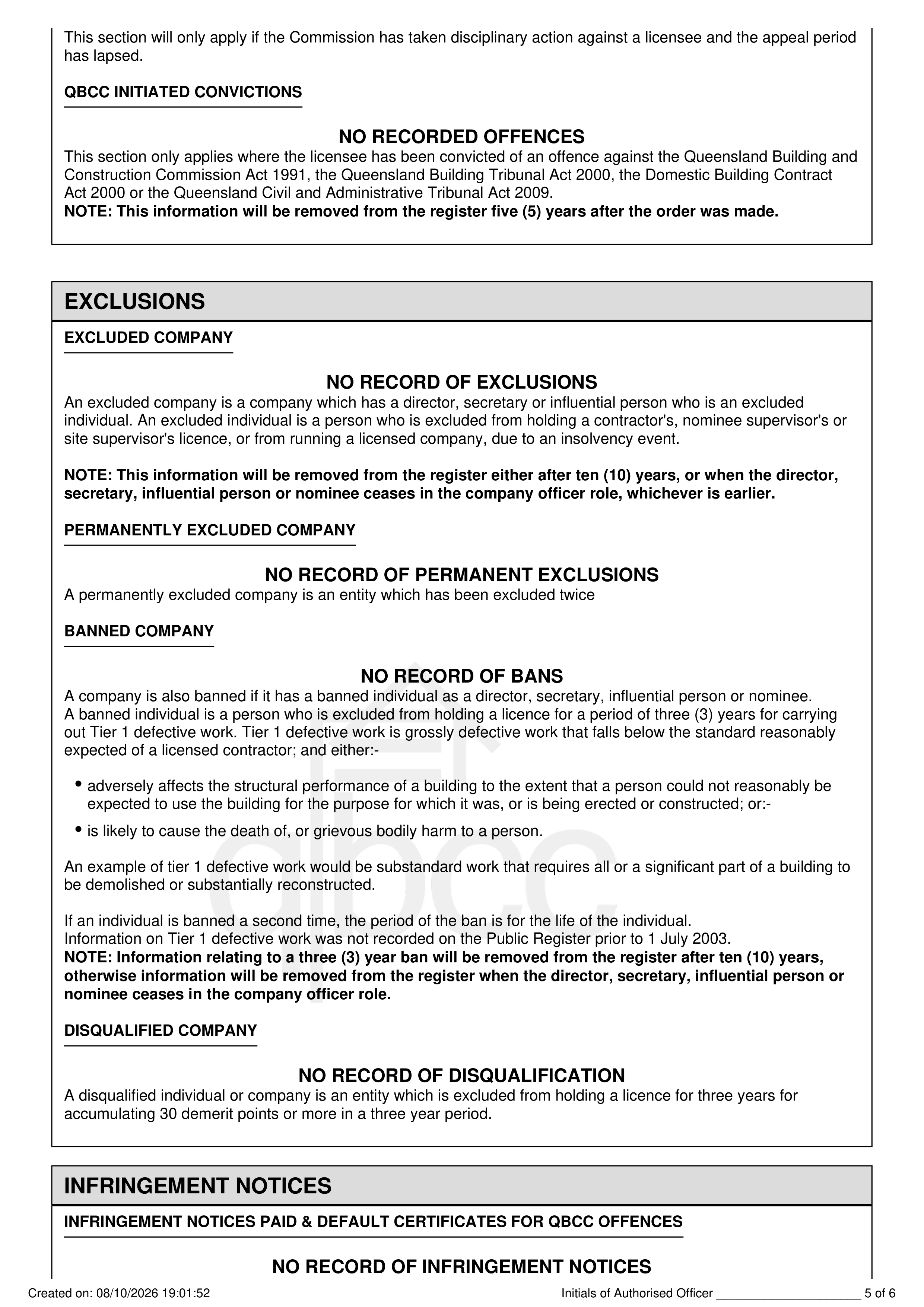 Official QBCC Licence Search Page 5 - Exclusions and Bans (No Record of Exclusions)