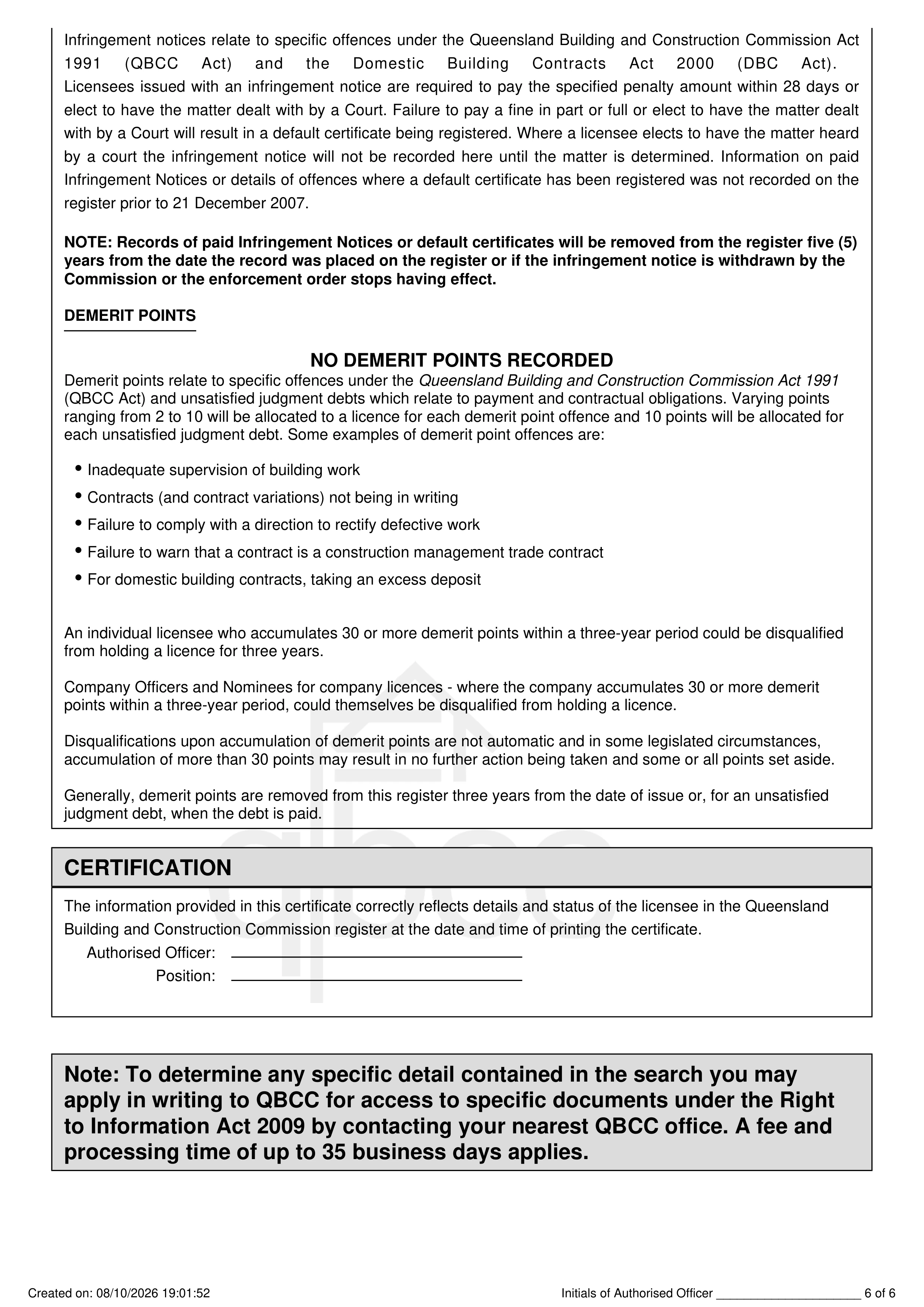 Official QBCC Licence Search Page 6 - Demerit Points (0 Demerit Points) and Official Certification