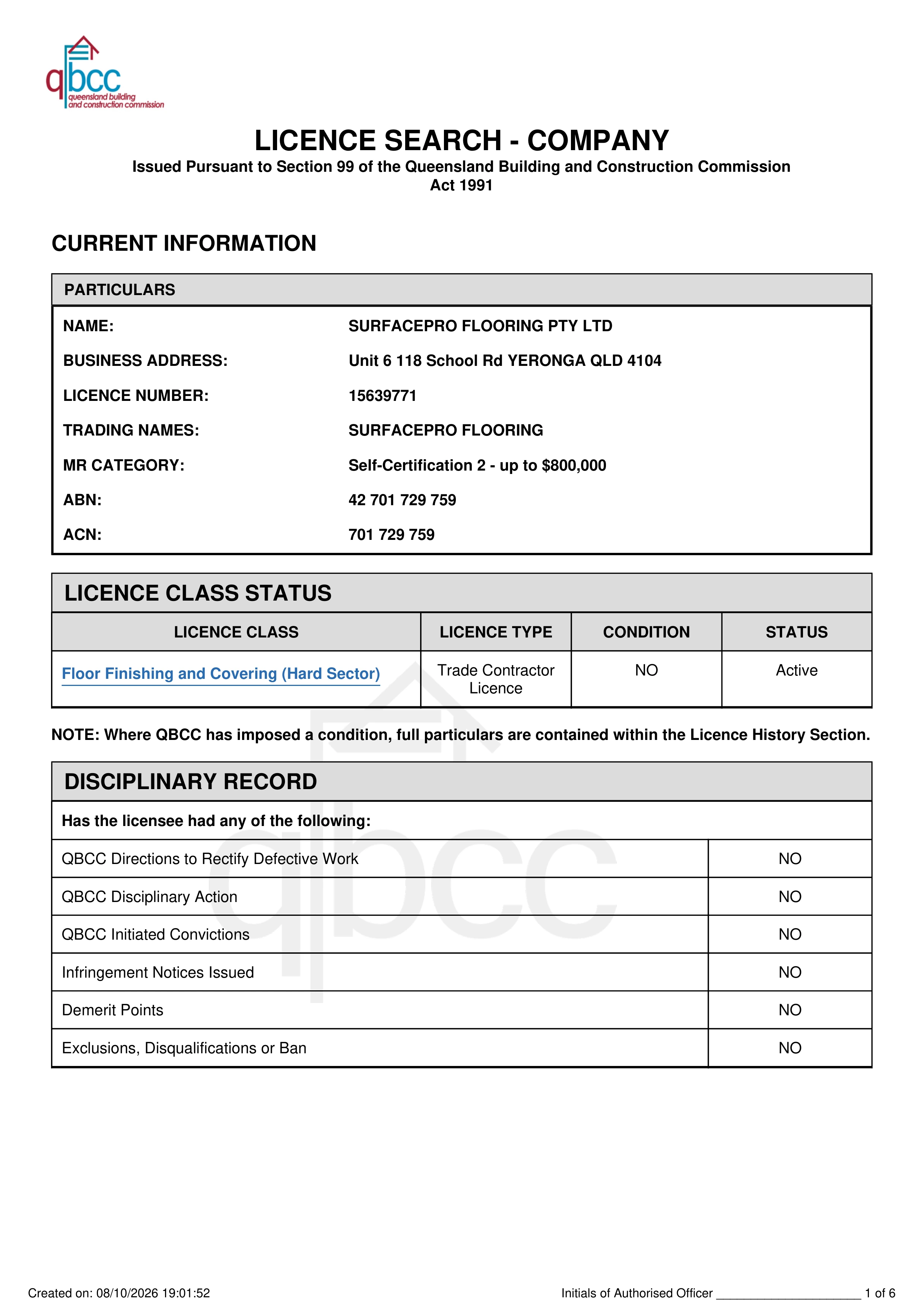 Official QBCC Licence Search Page 1 - SURFACEPRO FLOORING PTY LTD #15639771